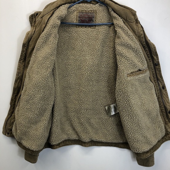Men's LEVI's Brown Tan Sherpa Lined Canvas Zip Military Utility Chore Jacket XL - Picture 4 of 7